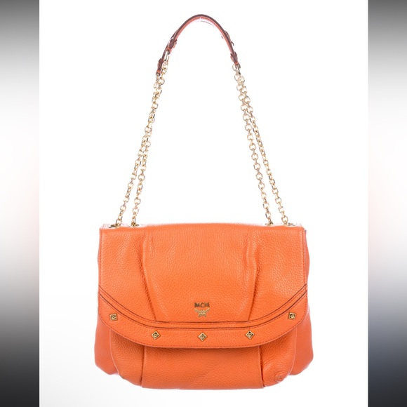 MCM Handbags - MCM Chain Orange Pebbled Leather Shoulder Crosdbody Bag